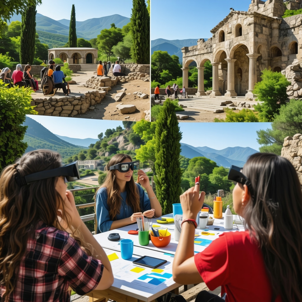 Tourists using AR technology, community members in workshop, and sensors monitoring nature in Korçë