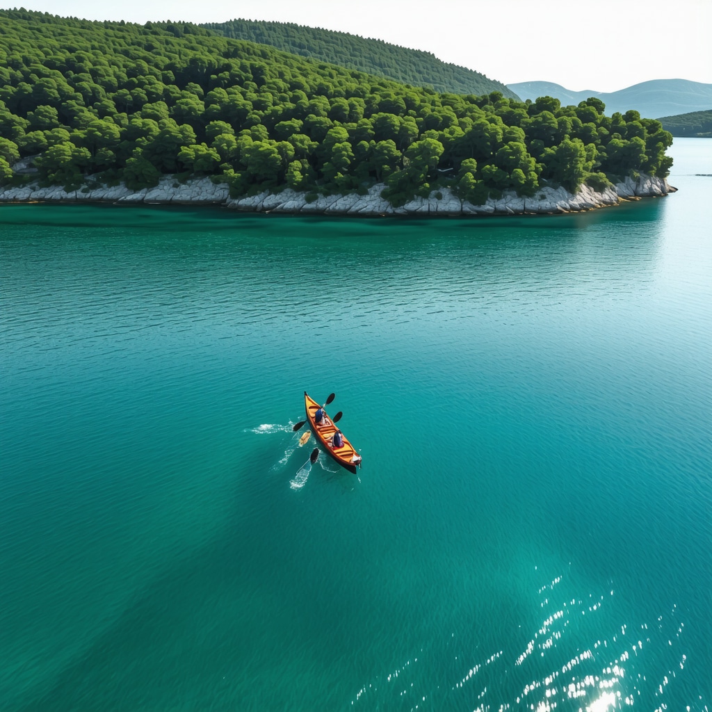 Aerial image of Mljet National Park showing kayakers on clear lakes and dense green forests