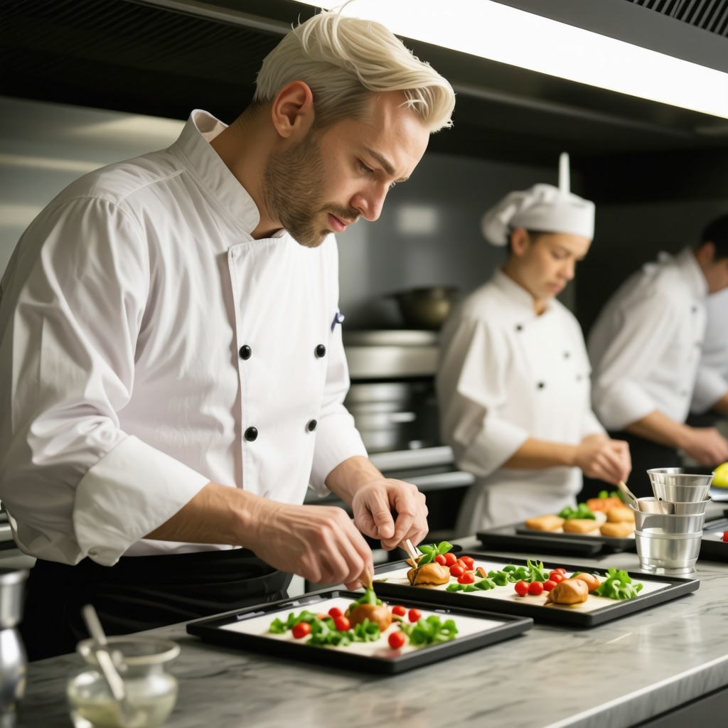Chefs preparing traditional Dalmatian dishes using sous-vide method with digital menus and sustainable ingredients