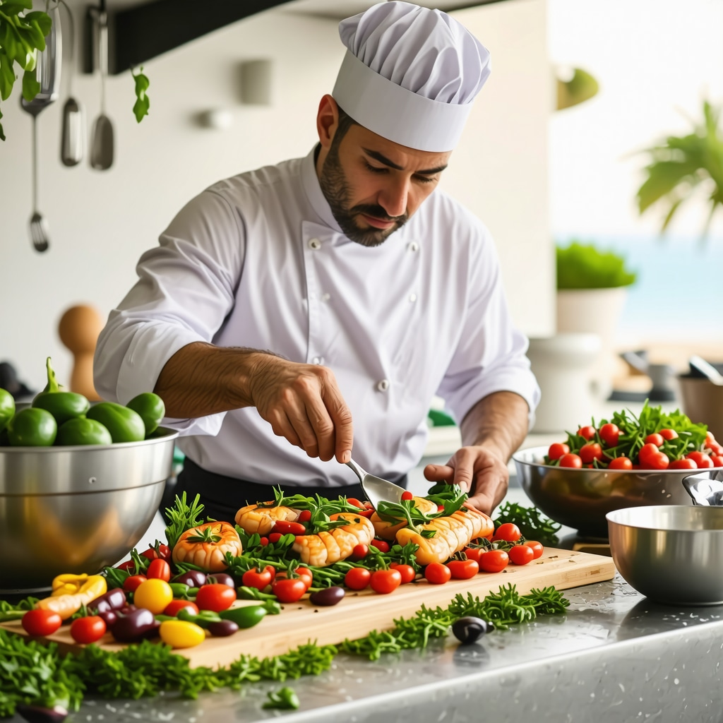 Chef preparing innovative traditional seafood dishes in a modern kitchen on Hvar island, showcasing sustainability and freshness