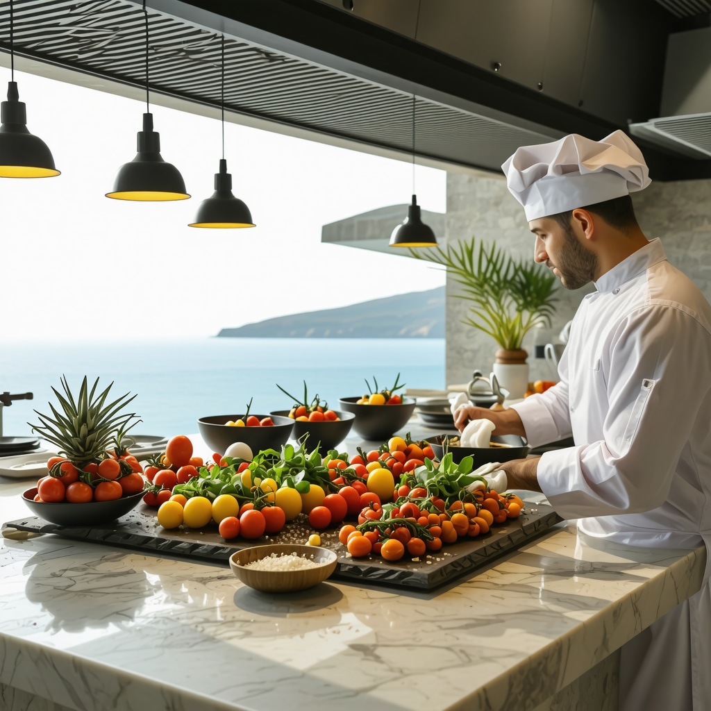 Chefs preparing dishes with molecular gastronomy techniques using fresh local ingredients in a kitchen with sea view on Mykonos