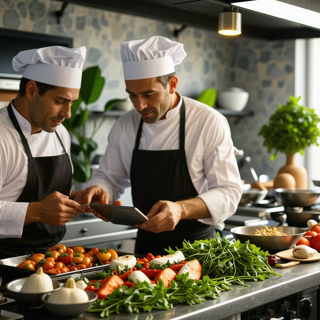 Chefs preparing traditional Mediterranean dishes using digital tools and fresh local ingredients in Budva kitchen
