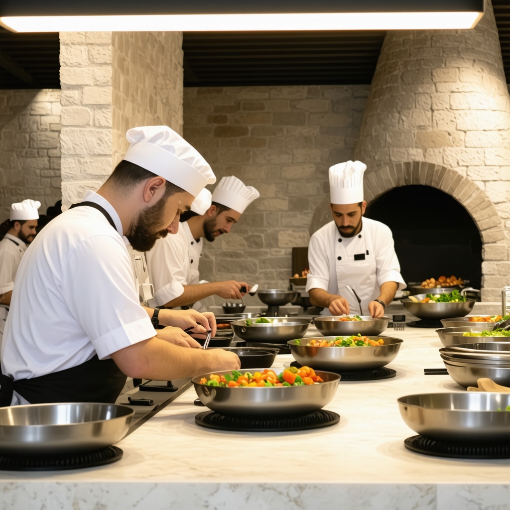 Chefs in Mostar restaurant kitchen using traditional and digital cooking tools
