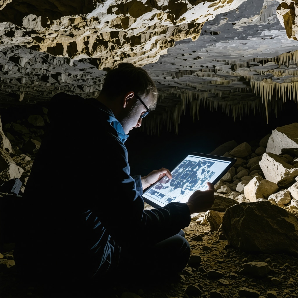 Speleologist in Paklenica cave using advanced 3D mapping technology with LED lights