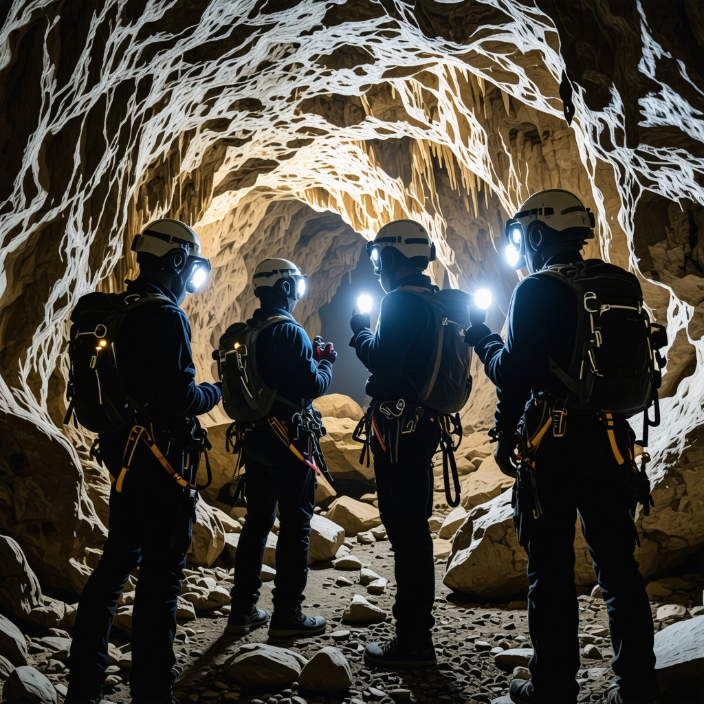 Speleologists in advanced gear exploring cave formations in Paklenica National Park