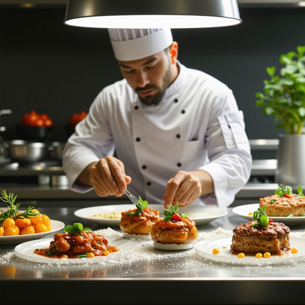 Chefs in a Tirana restaurant kitchen using molecular gastronomy tools and fresh local Albanian ingredients to prepare traditional dishes with modern techniques