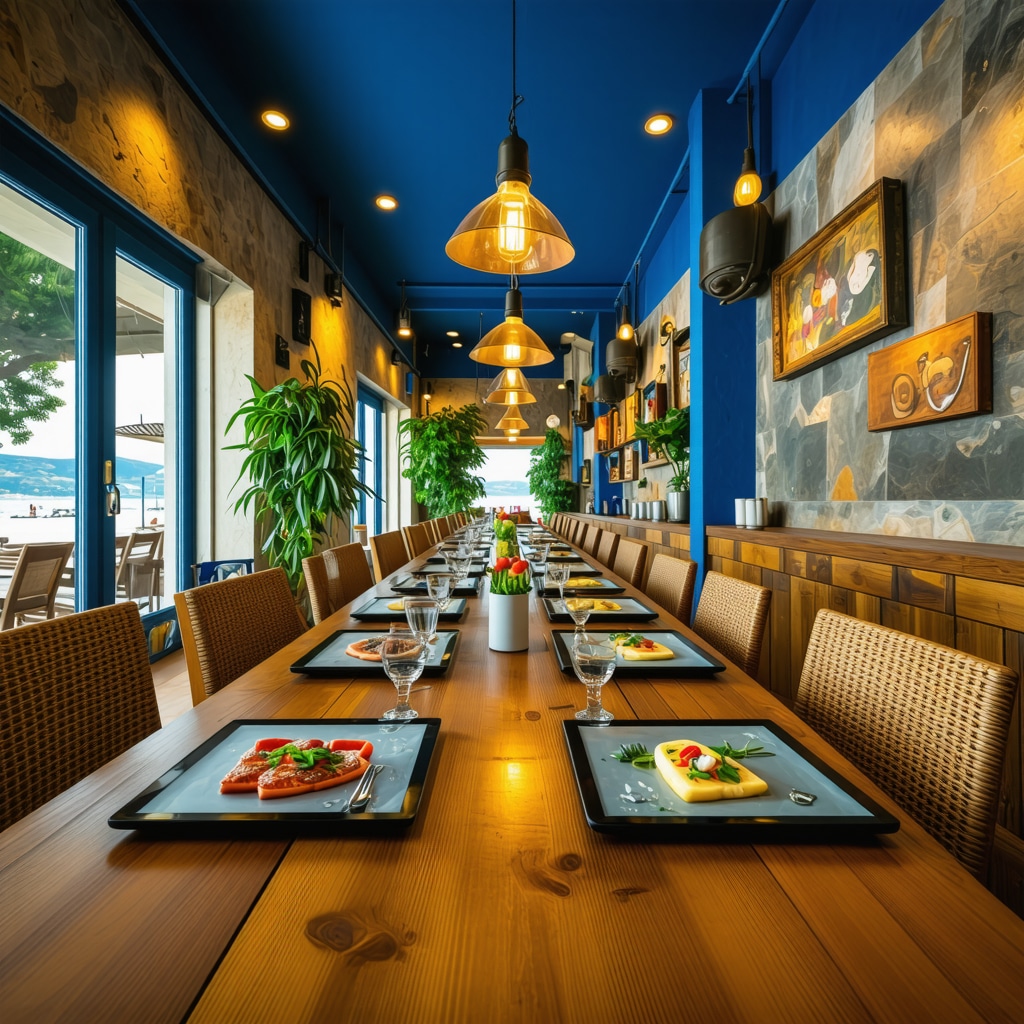 Ulcinj restaurant interior combining traditional Adriatic design and digital menus