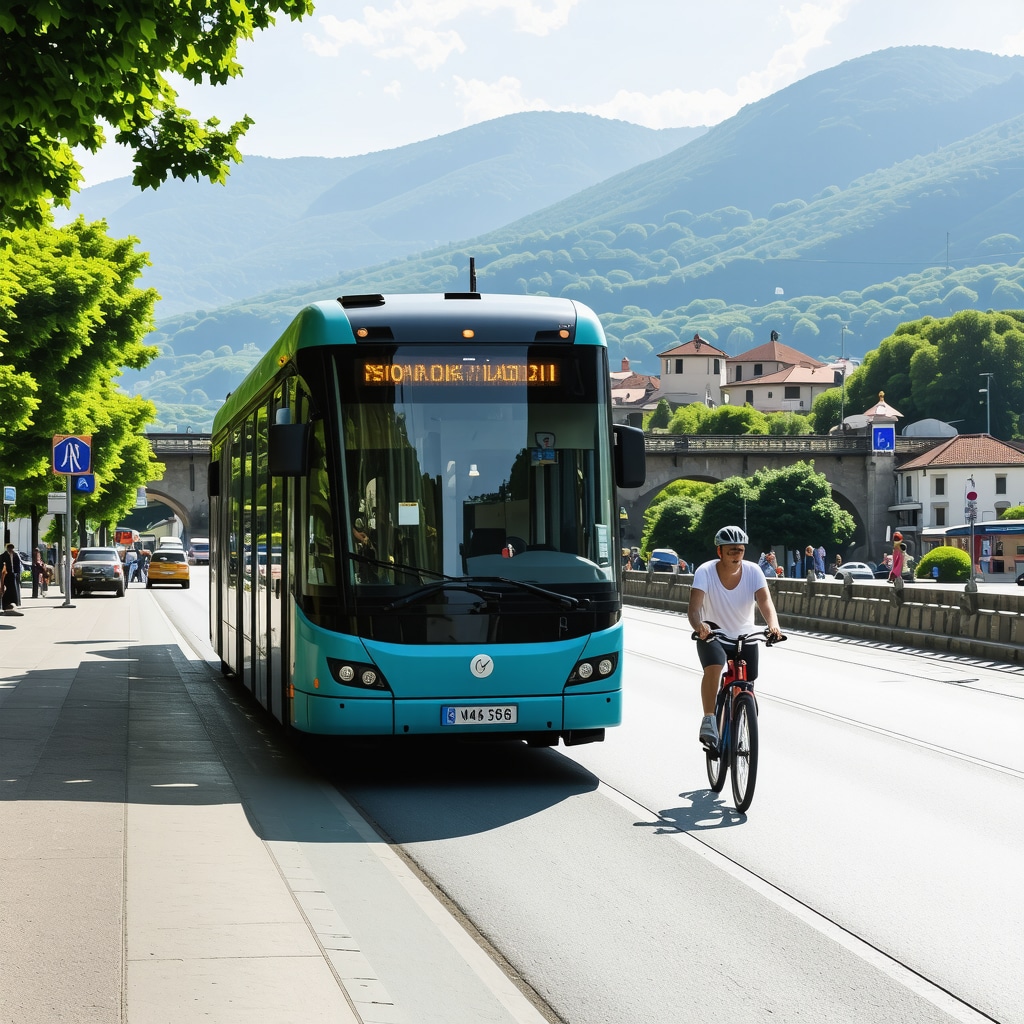 Electric buses and cyclists on bike lanes in Konjic with tourists using mobile apps