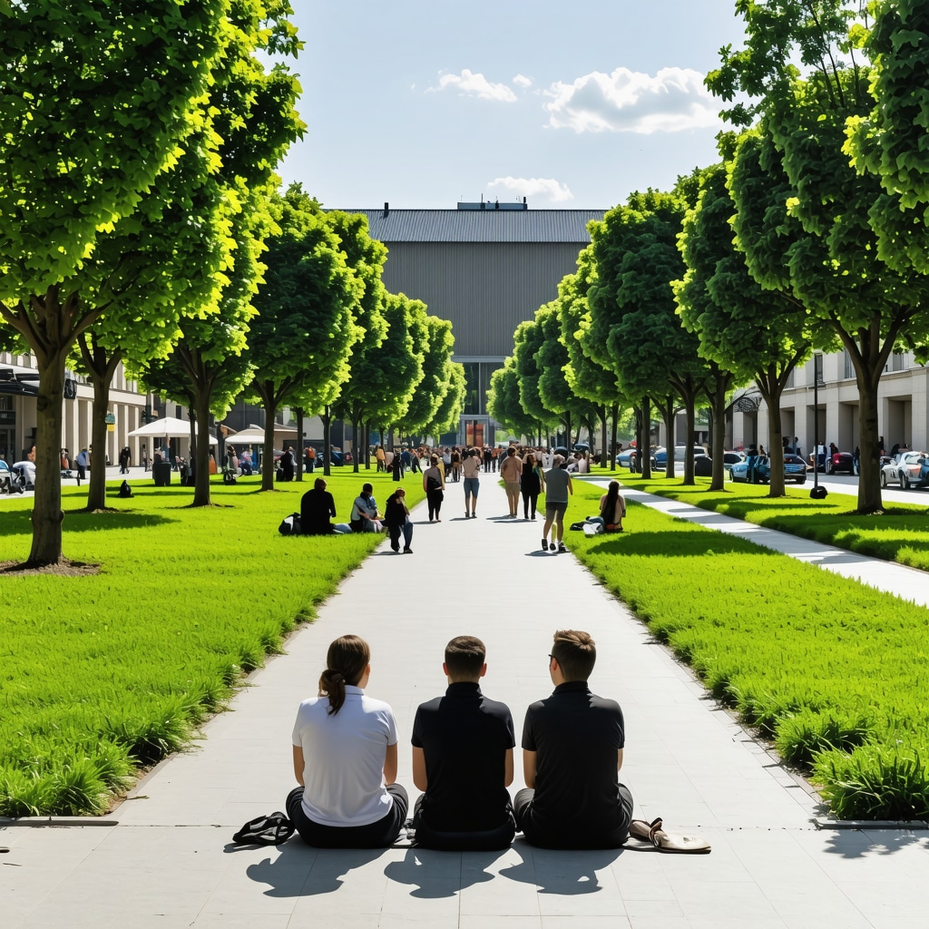 People enjoying cultural events and digital exhibits in a sustainable urban park in Sofia