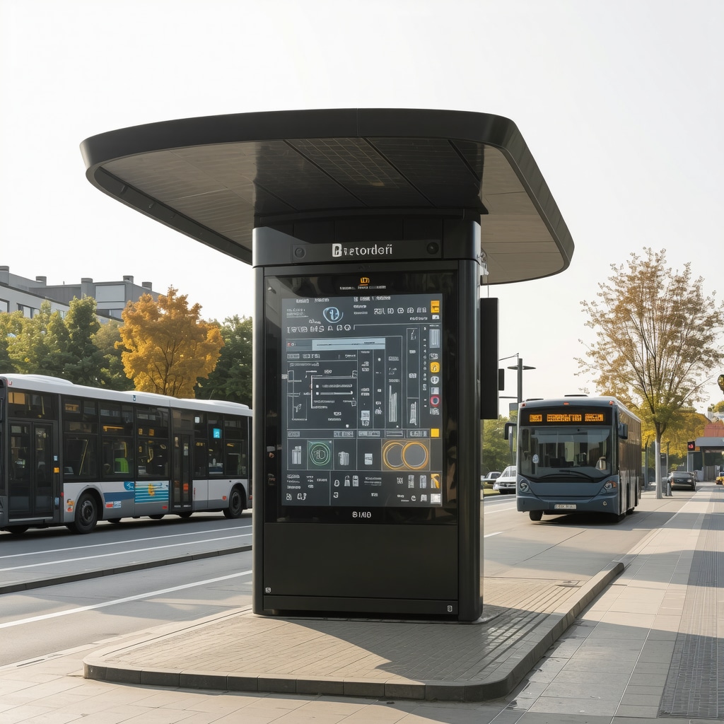 Solar-powered bus stops, electric buses, and digital info screens in Iași city center