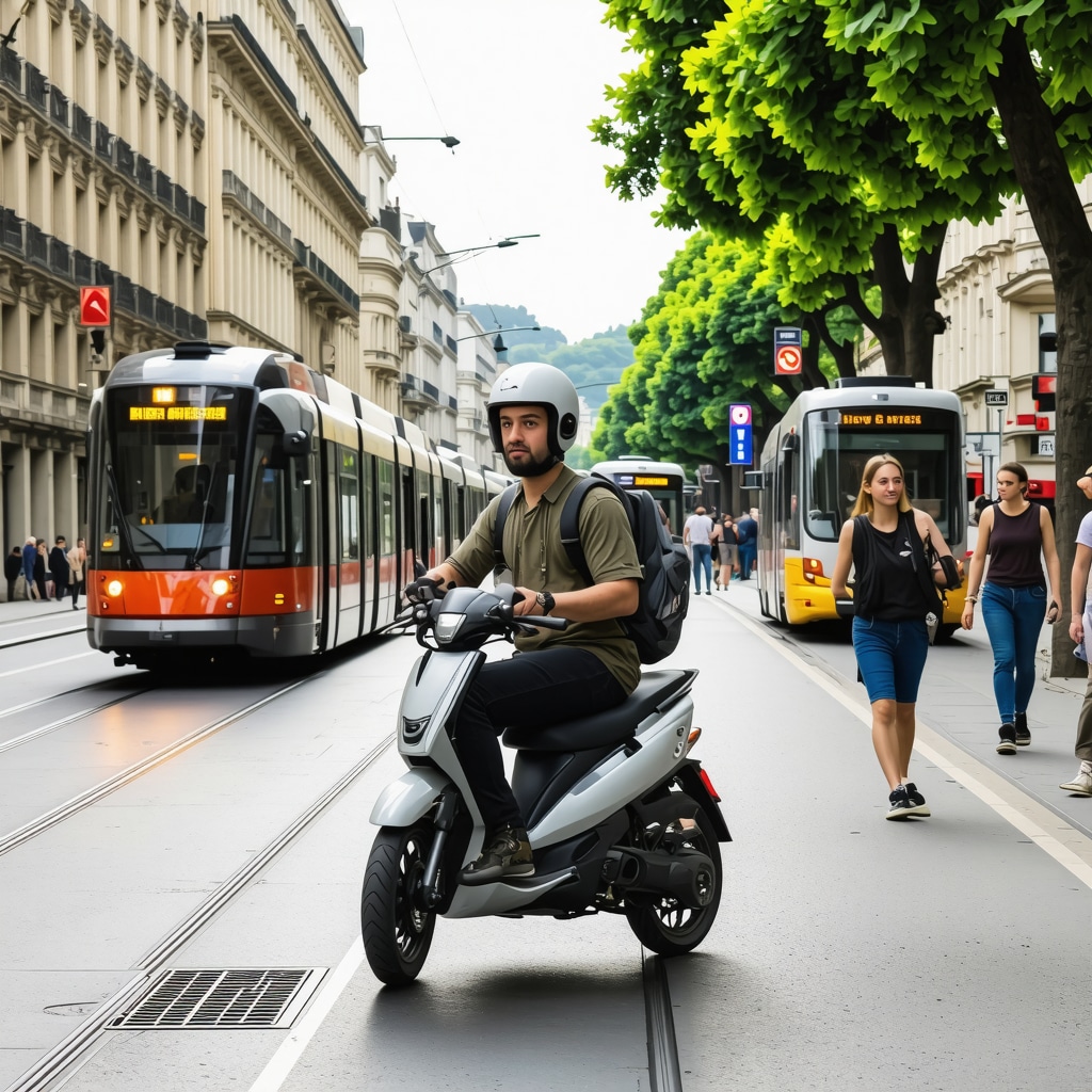 Cityscape of Bucharest with people using electric scooters, bikes, trams and mobile apps for transport