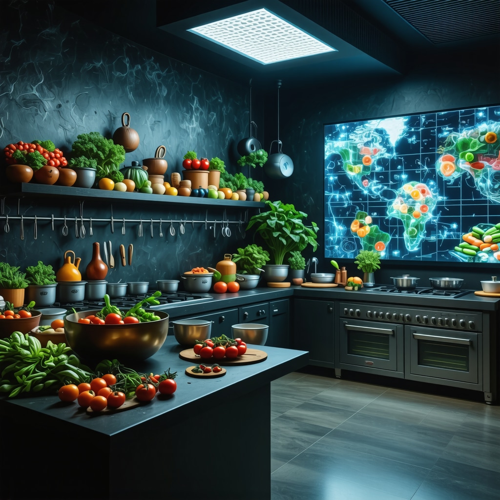 Modern kitchen showcasing molecular gastronomy and digital AR tools with local sustainable ingredients in Novi Pazar
