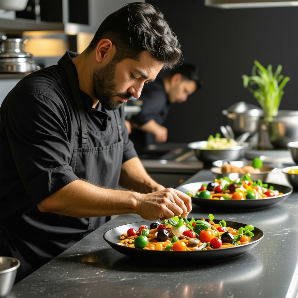 Chef in Patras kitchen applying molecular gastronomy techniques to traditional Greek dishes
