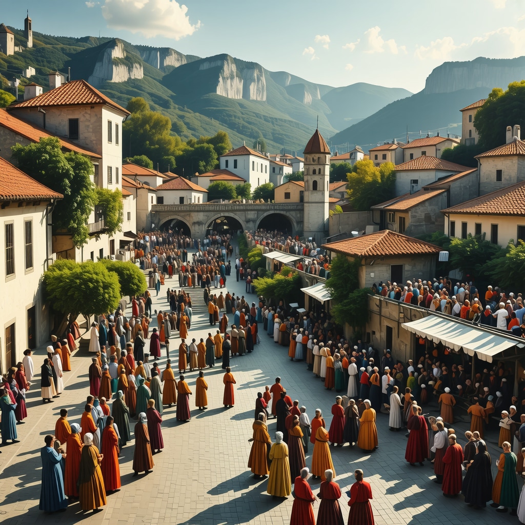 Digital illustration of Mostar's Old Bridge festival enhanced with augmented reality and interactive cultural workshops
