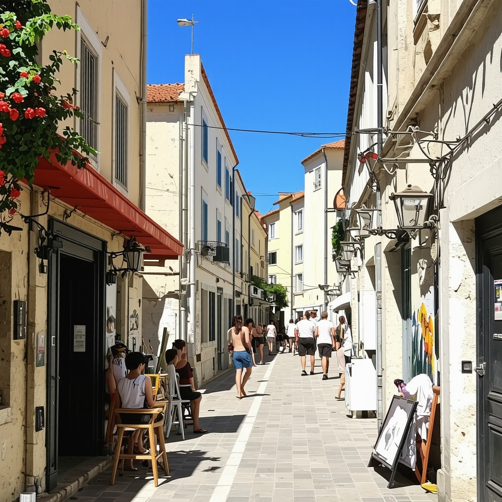 Narrow street in Piran featuring colorful buildings and local artists painting on glass