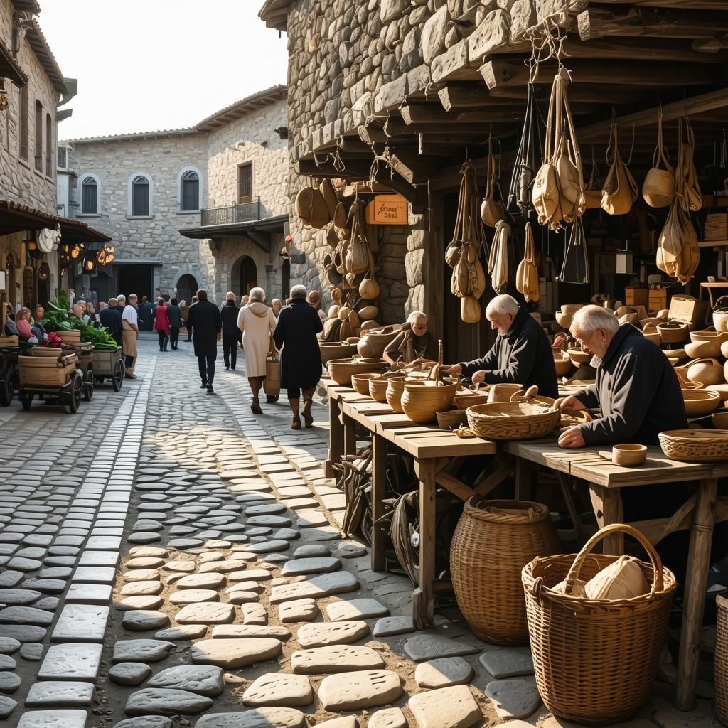 Artisans crafting traditional crafts on cobblestone street in Nesebar during golden hour