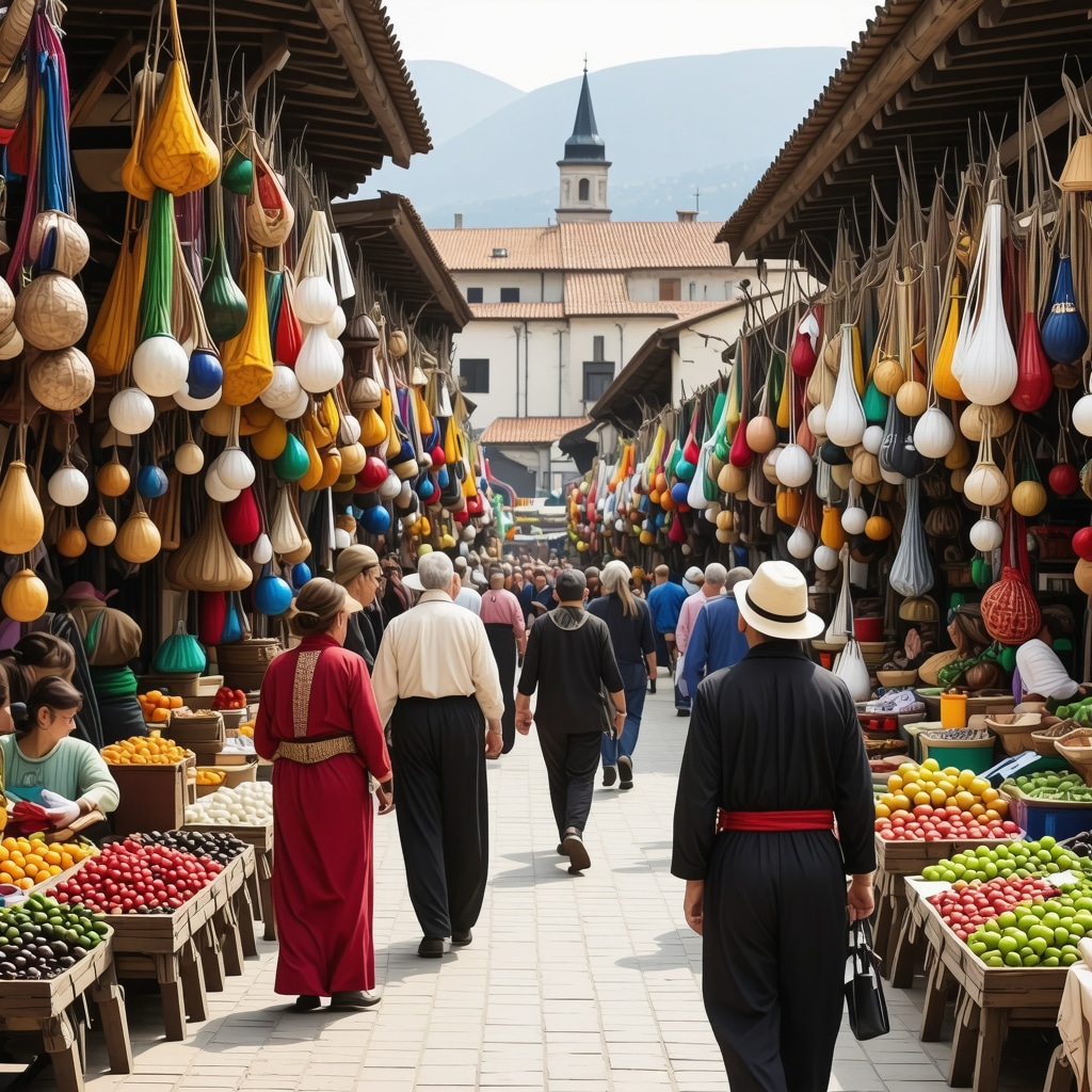 Historic bazaar in Novi Pazar with artisans and tourists engaging in cultural exchange