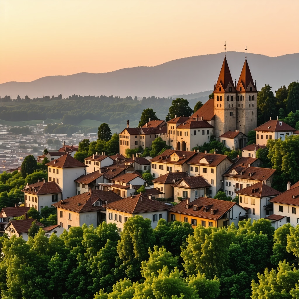 Panoramic sunset view of Brașov old town with mountains in background