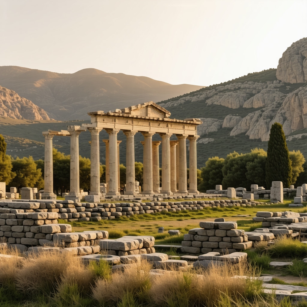 Temple of Apollo at Delphi with mountainous background under golden sunset symbolizing spiritual energy