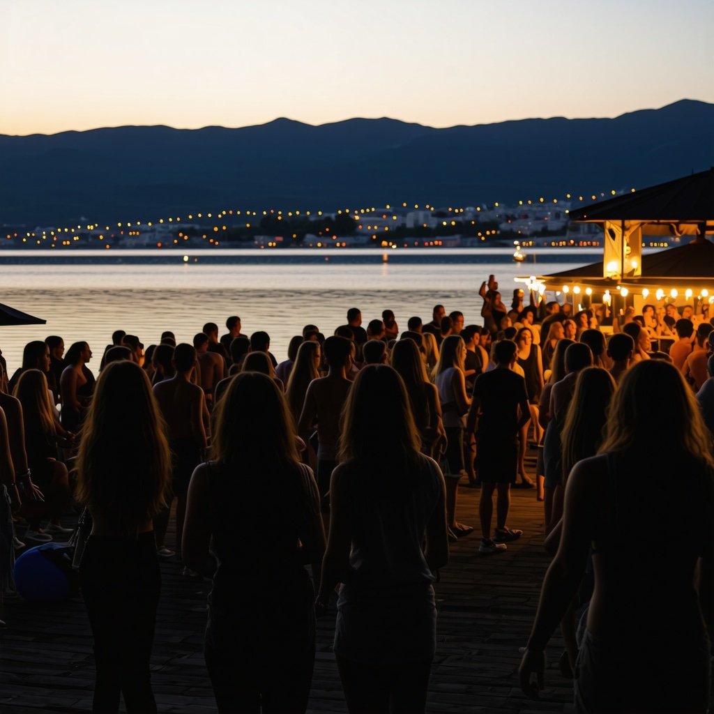 Nighttime panoramic scene of Struga's promenade with illuminated bars, lively crowds, and digital light installations blending traditional and modern music