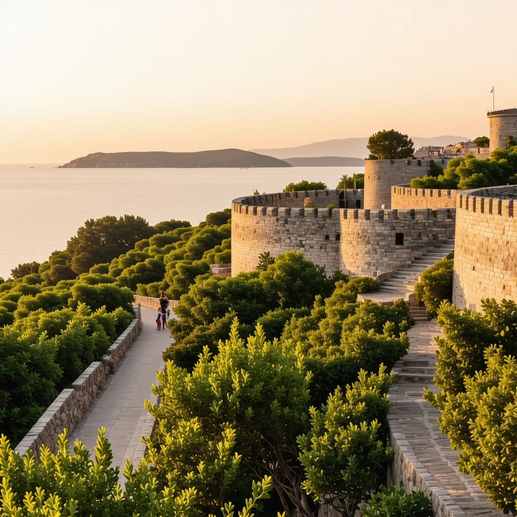 Sunset panorama of Bar's Old Town fortress with Adriatic Sea and eco-conscious tourists
