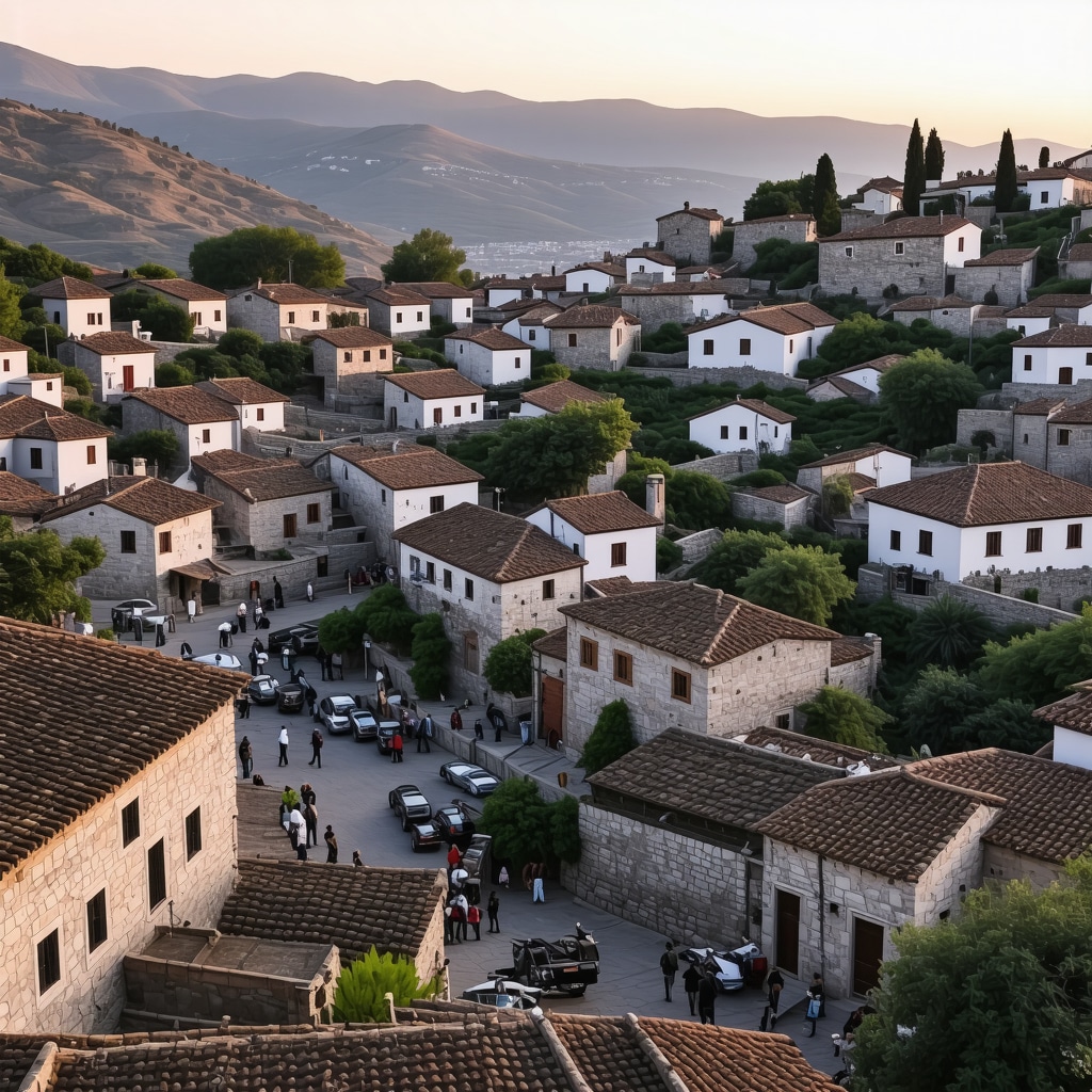 Sunset panoramic image of Berat with thousand windows and artisans in traditional workshops