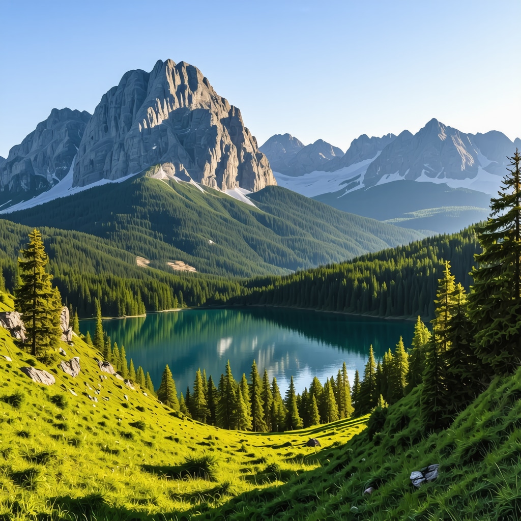 Durmitor National Park with mountains, pine forests, and glacial lake at sunrise