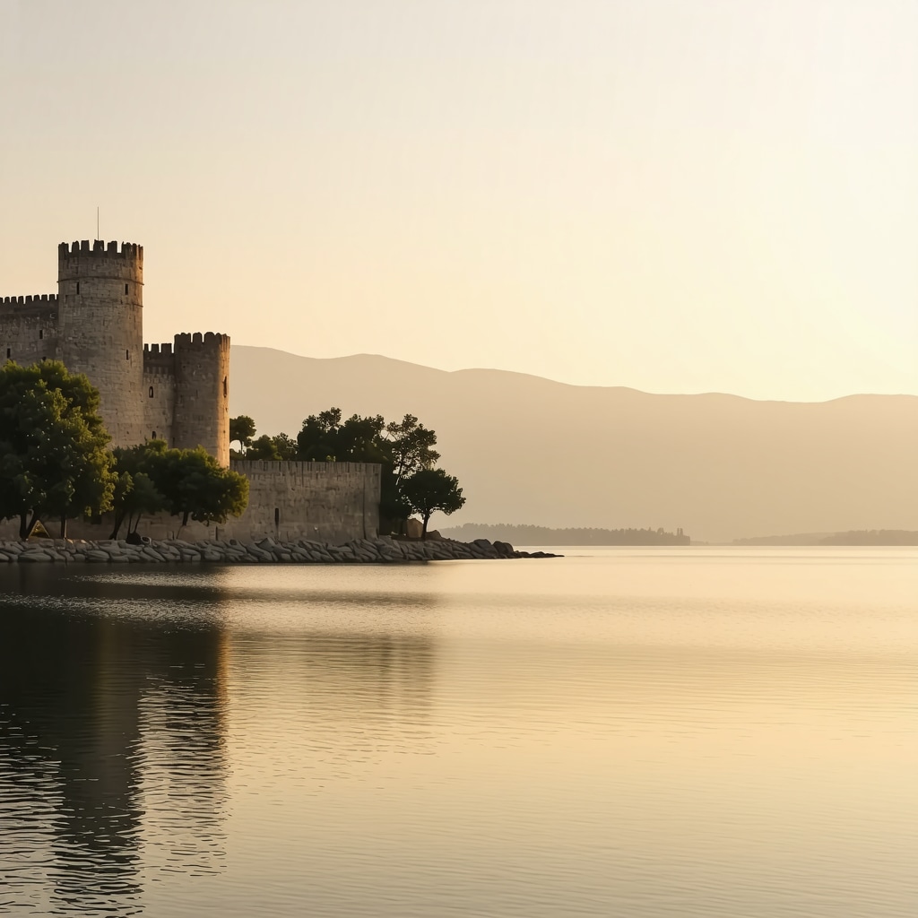 Panoramic view of Ioannina's historic castle overlooking Lake Pamvotida with tourists