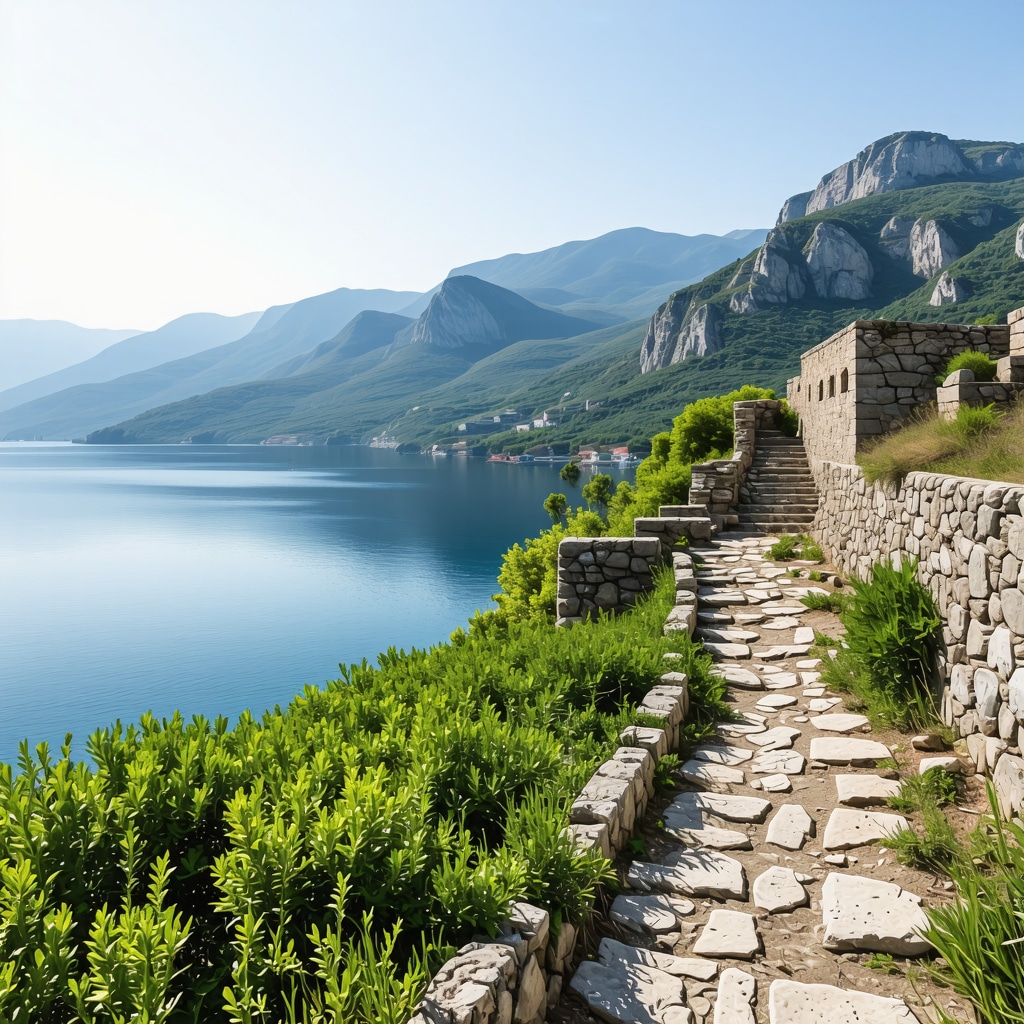 Panoramic view of Kotor Bay from a mountain trail showing ancient walls and greenery