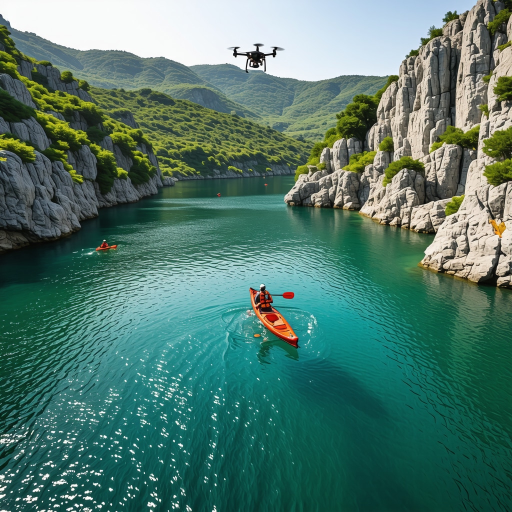 Matka Canyon panoramic view with kayakers on water, hikers on trails, and drone overhead