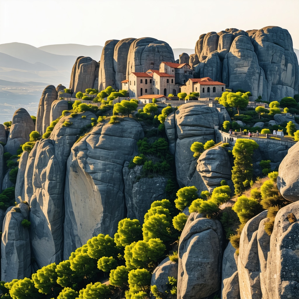 Panorama of Meteora rock formations with monasteries at sunset