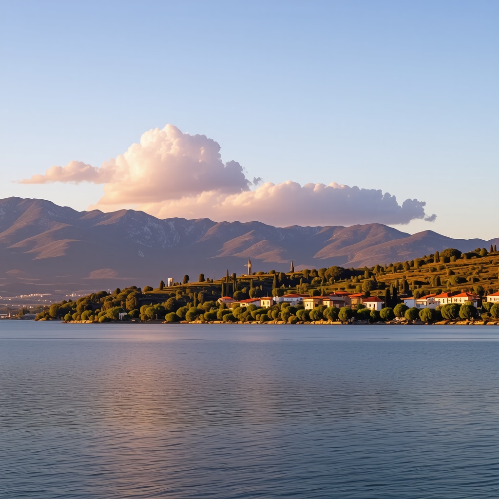 Sunset panoramic landscape of Pogradec city and Ohrid Lake with natural and cultural landmarks