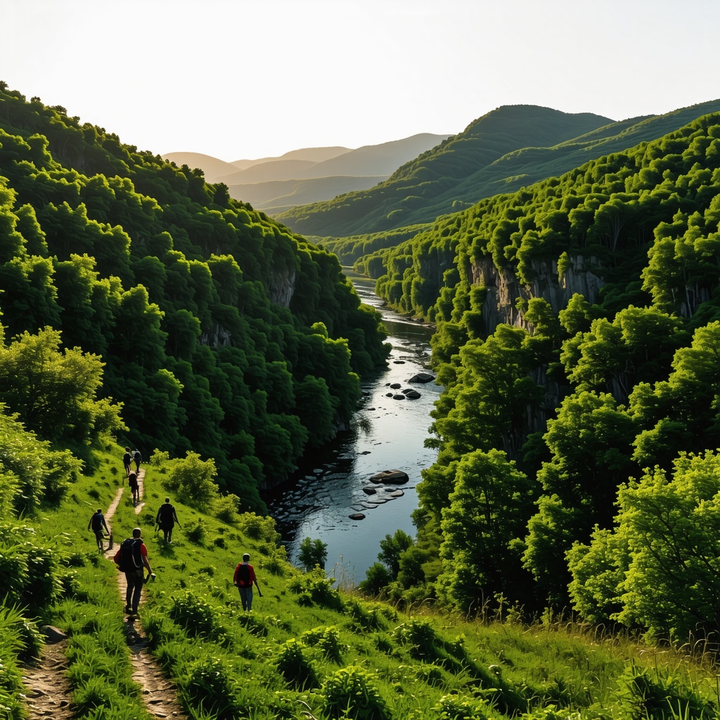 Panoramic landscape of Tara River Canyon with hikers and lush forests in Foča