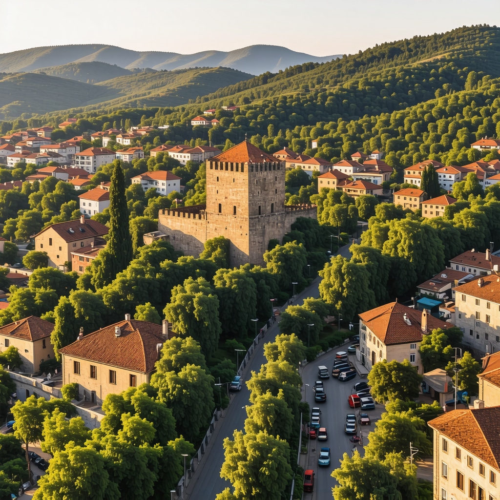 Aerial panoramic image of Veliko Tarnovo featuring the medieval Carevec fortress and historic streets illuminated by sunset light