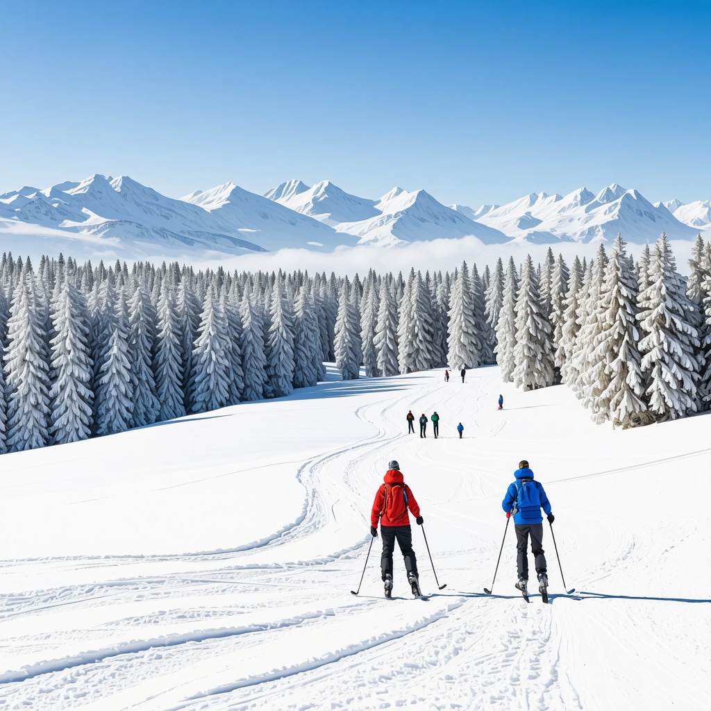 Snow-covered pine forest and mountains in Tara National Park with skiers and hikers on marked trails