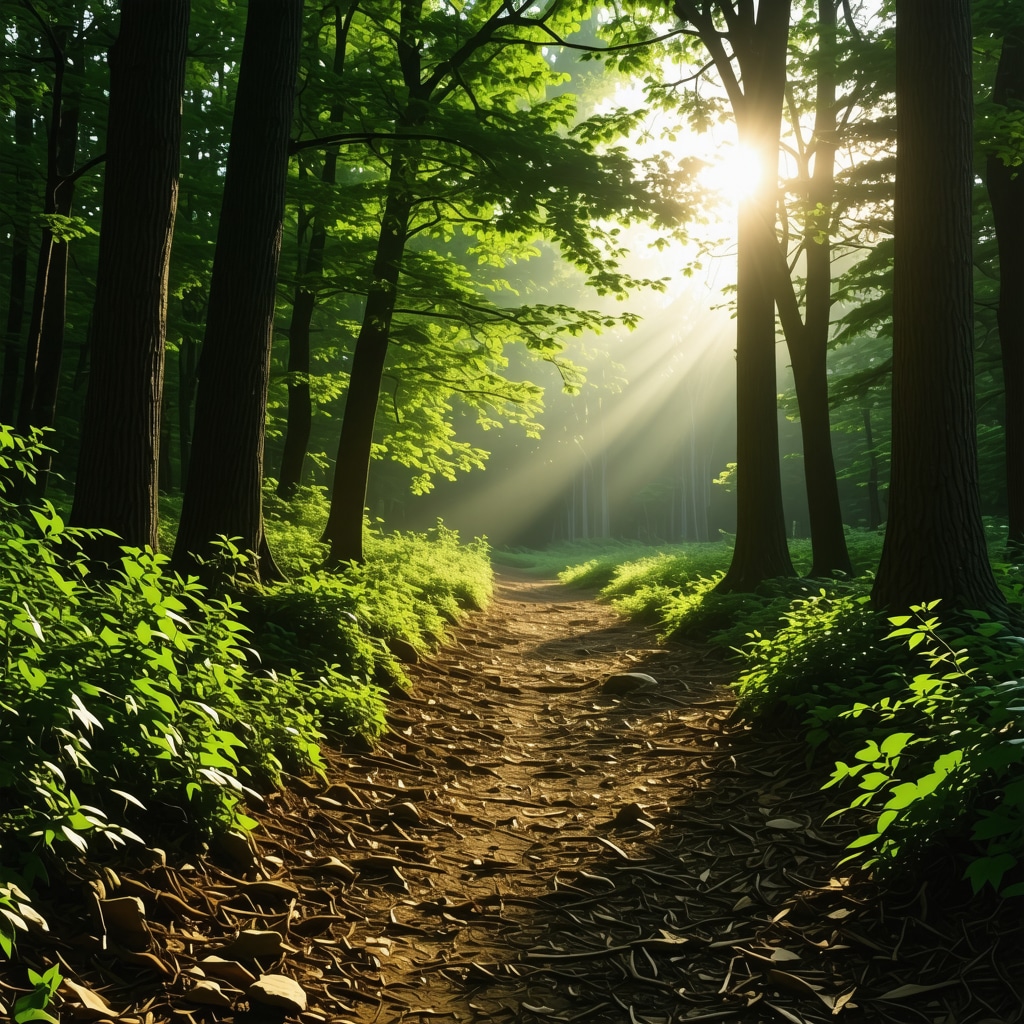 Early morning forest trail in Sokobanja with sunlight filtering through trees