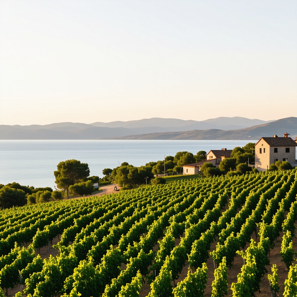 Scenic vineyard landscape of Pelješac peninsula with traditional houses and Adriatic Sea