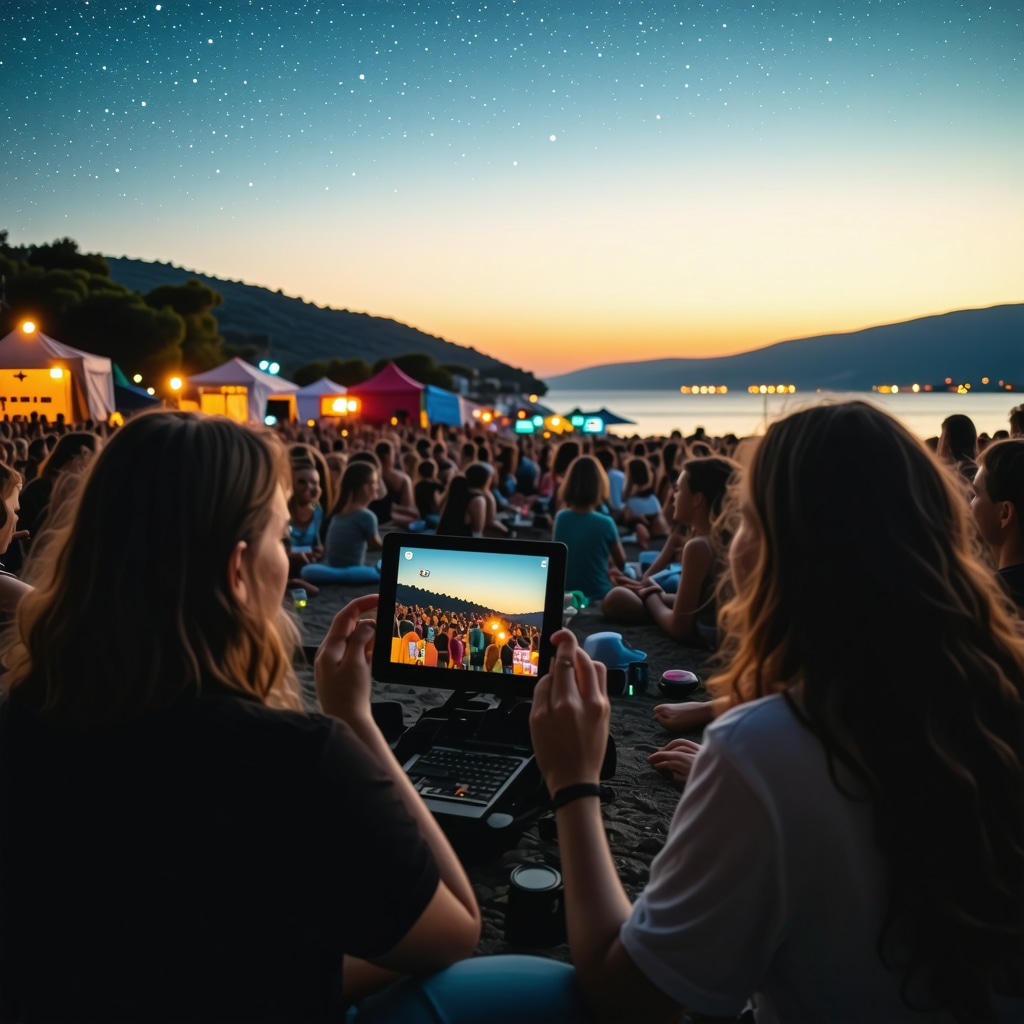 Digital and eco-friendly festival scene with app users and live streaming at Petrovac Festival 2024 by the Adriatic Sea