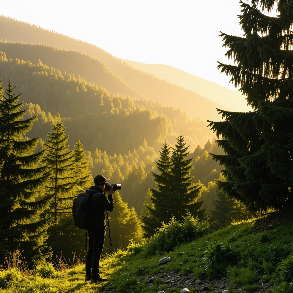 Photographer taking pictures of Foča's forest and mountains during golden hour