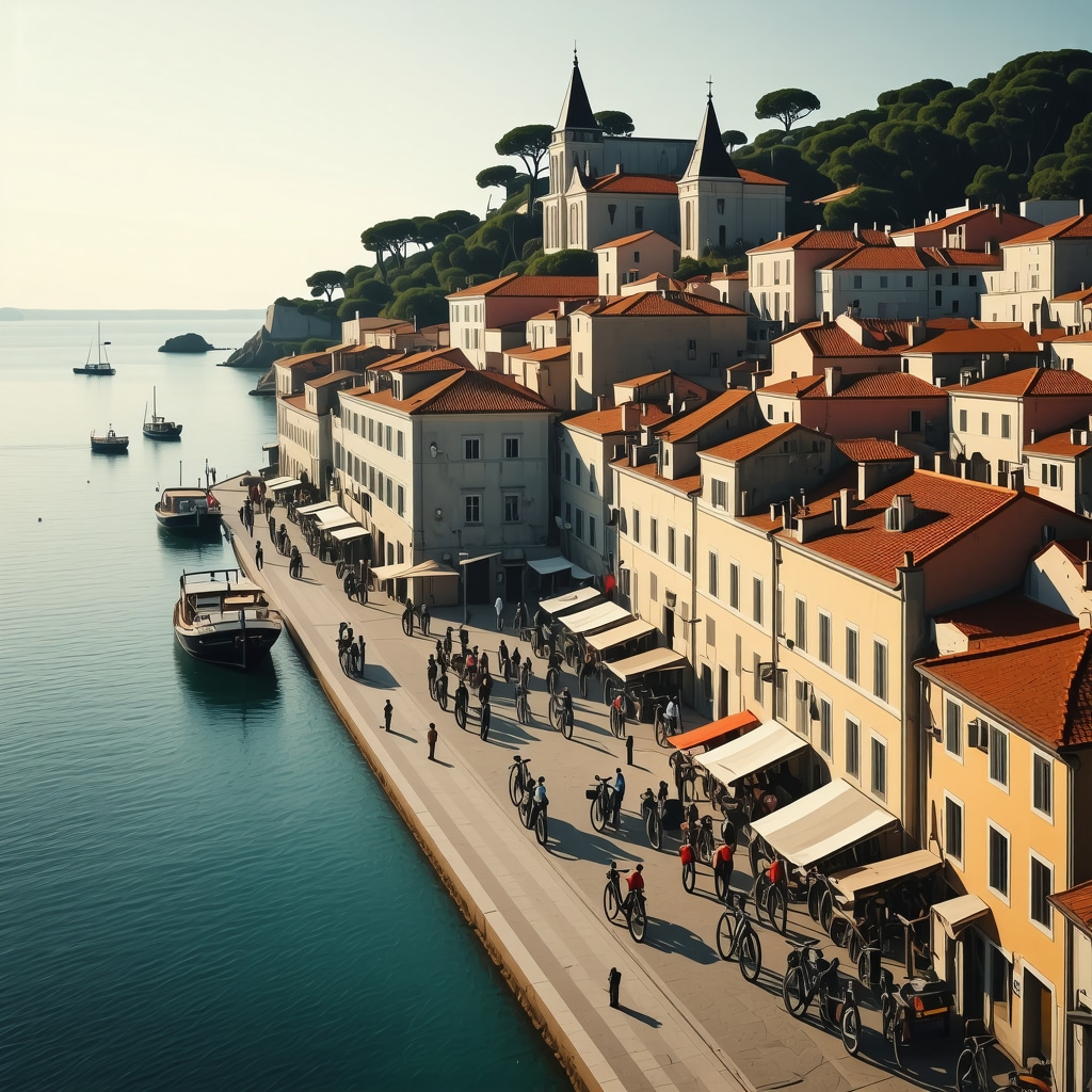 Aerial view of Piran old town with digital overlays representing sustainable tourism and smart tech
