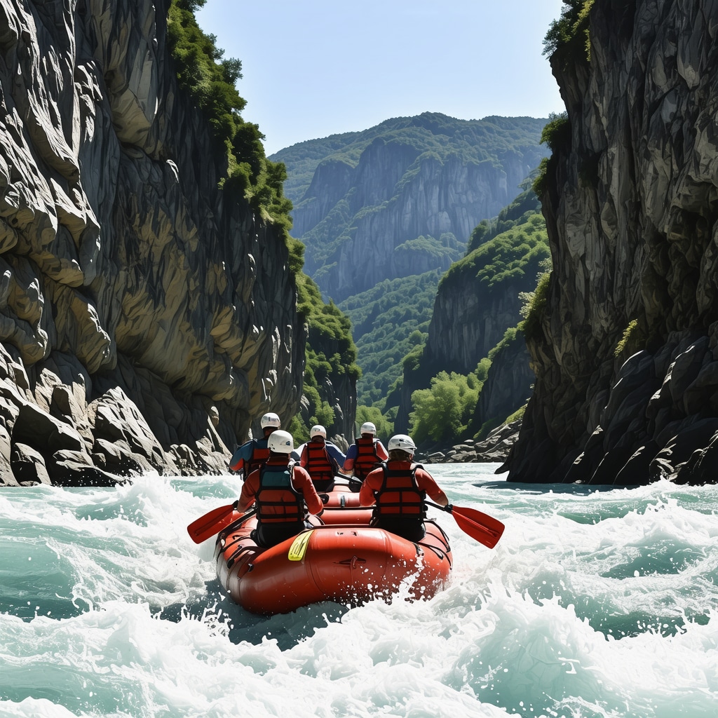 Rafting team navigating rapids in Rugova Canyon surrounded by cliffs and clear water