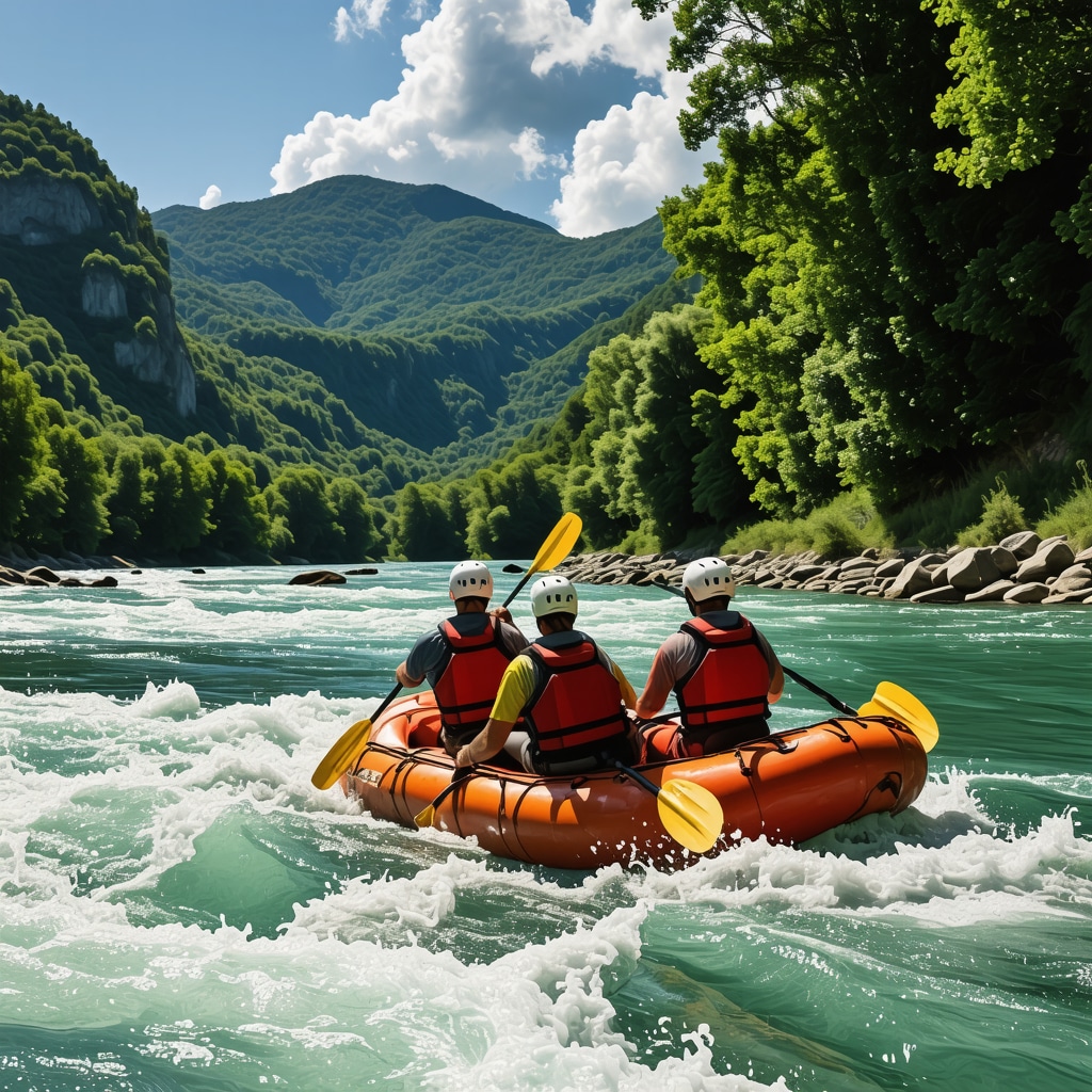Kayakers rafting on the wild Neretva river amidst lush green mountains during Konjic Adventura 2024