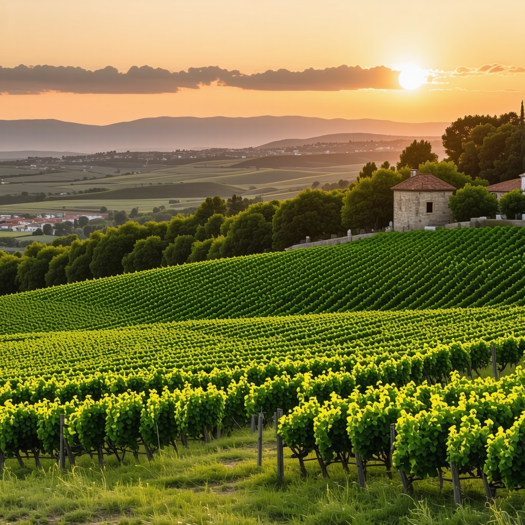 Vineyard landscape near Plovdiv with traditional stone wine cellars and golden sunset light