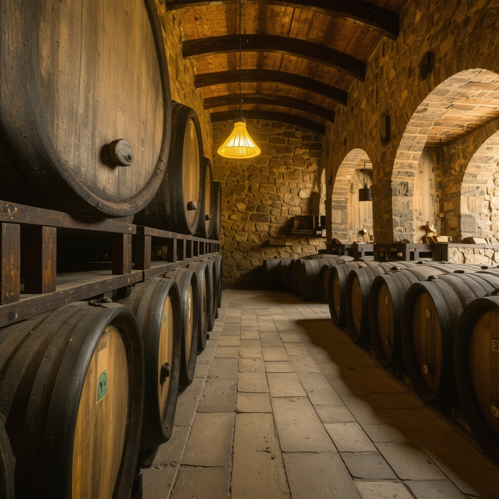 Wine cellar interior with oak barrels and traditional equipment in Sremski Karlovci