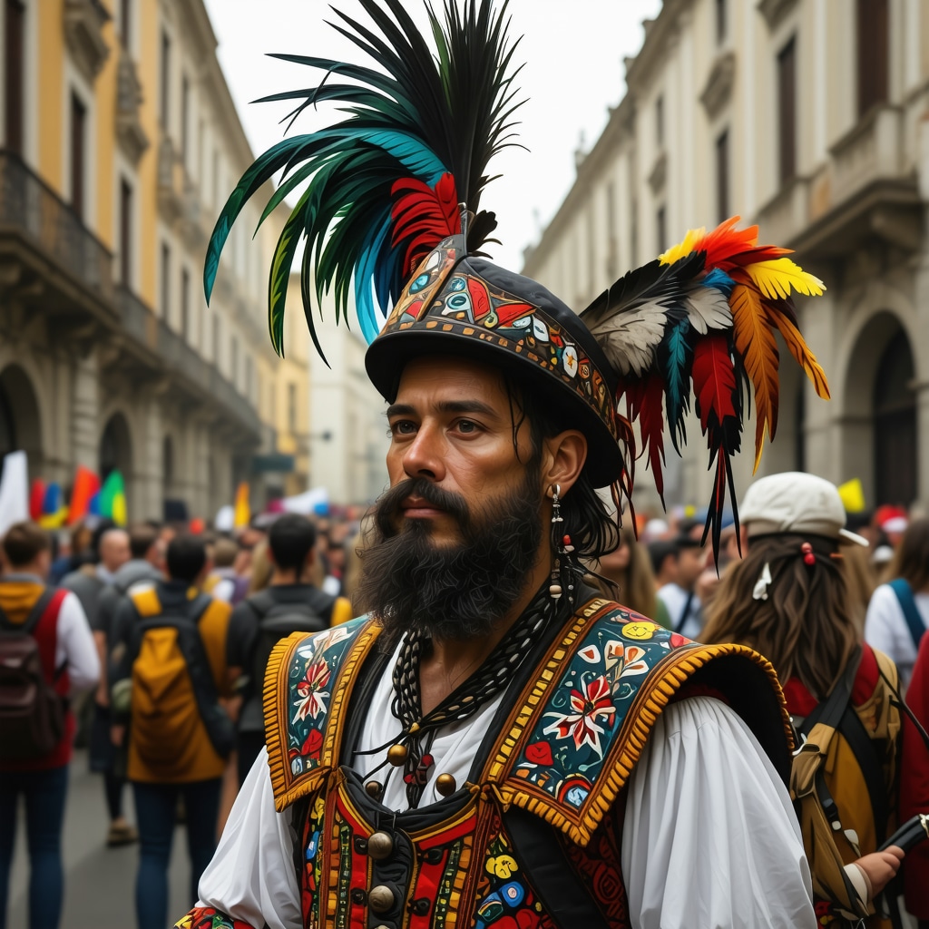 Crowd enjoying a cultural festival in Sarajevo blending traditional Balkan costumes and digital art installations with historic city buildings in the background