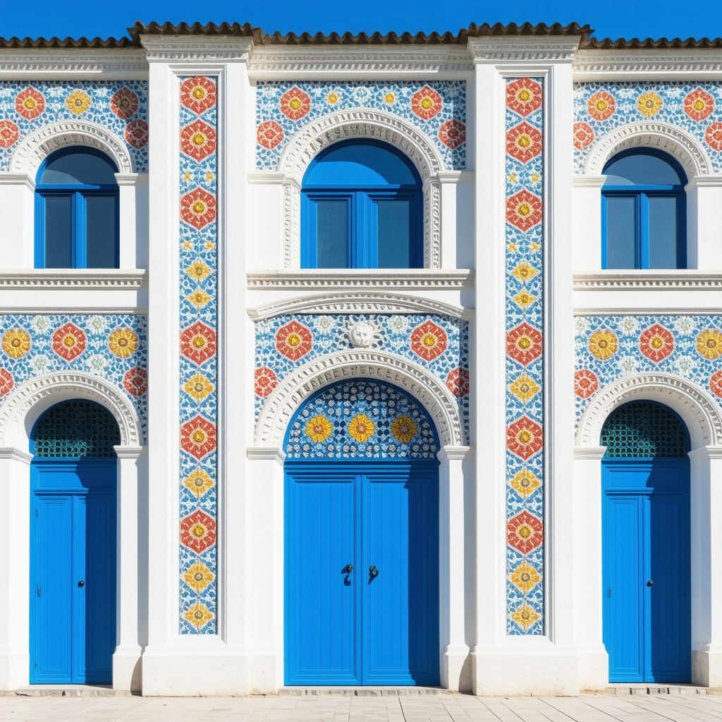 Detailed colorful exterior of Šarena Džamija mosque in Tetovo with vibrant geometric patterns