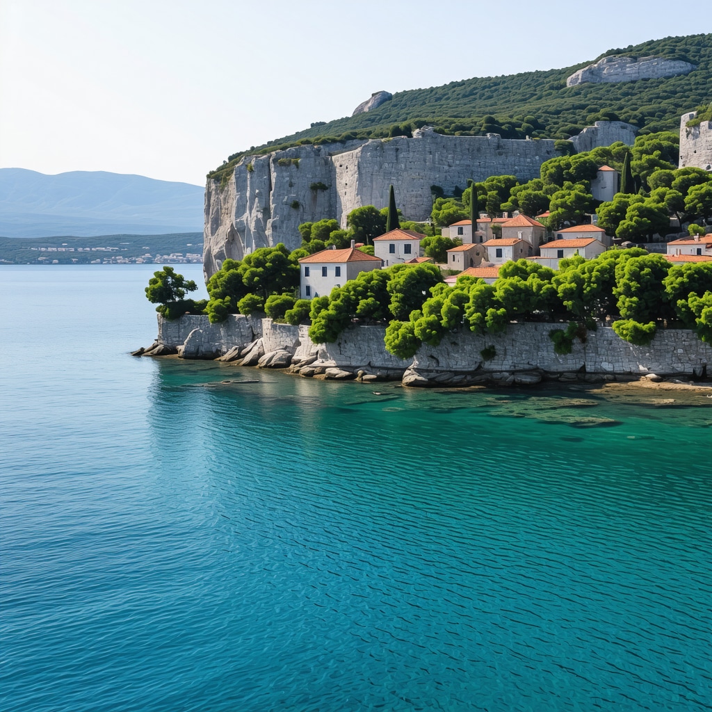 Coastal landscape of Korčula island with clear waters and traditional village symbolizing sustainable tourism