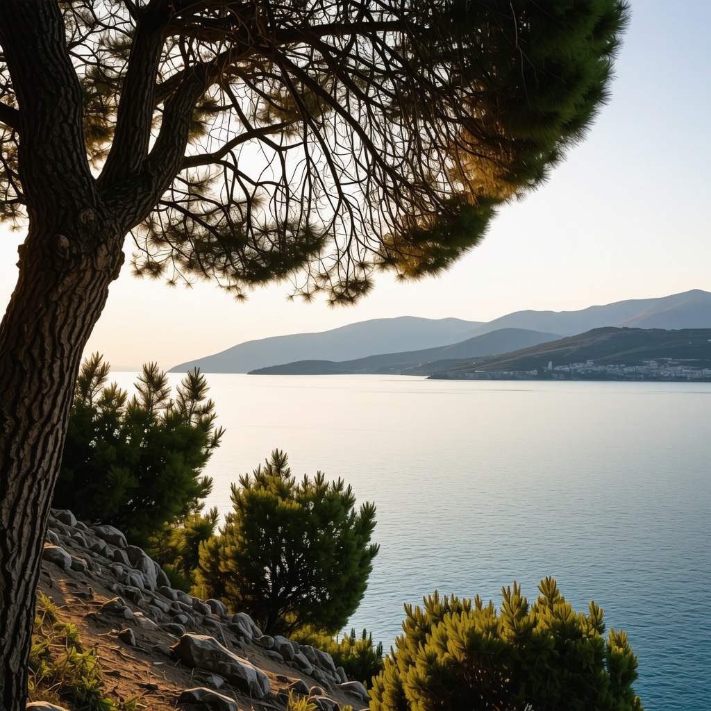 Coastal hilltop in Budva overlooking crystal-clear sea with pine trees at sunset
