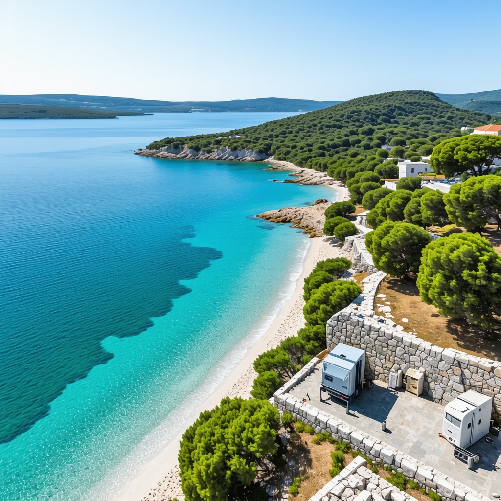 Aerial photo of Šibenik coastline highlighting natural beaches with clear water and eco-friendly tourist infrastructure including digital monitoring devices
