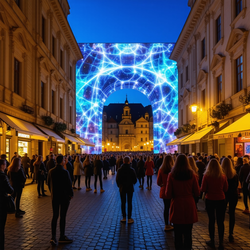 Night view of Sibiu 2024 festival with holographic art and eco-friendly lighting in historic city center